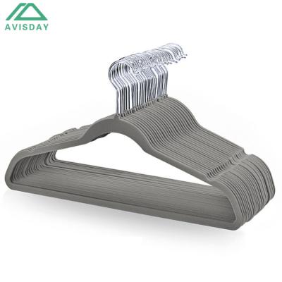 China Avisday Modern Top Grade Gray Velvet Hangers Sturdy Anti-Rust Silver Hook Notches Hanger for sale