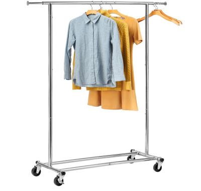 China Vendor Expandable Laundry Rustic Single Rail Metal Rolling Rack Clothing Garment Rack for sale