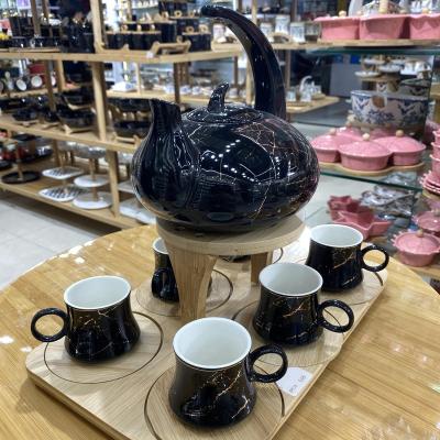 China Wholesale contemporary kitchenware ceramic teapot set with wooden tray homeuse or restaurant supplier muslim style for sale