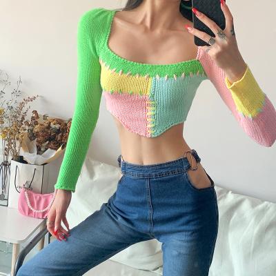 China Breathable Long Sleeve Square Neck Contrast Color Autumn Label Custom Sweaters Knit Top 2021 Fashion Sweaters for sale