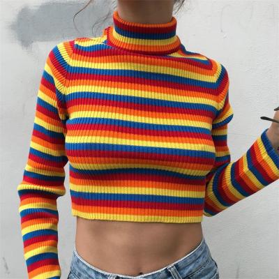 China Designer Cropped Rainbow Sweater Wholesale Anti-Shrink Contrast Pullover Women's Long Sleeve High Neck for sale