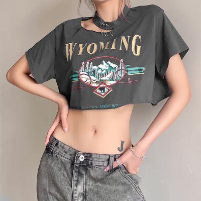 China Streetwear Breathable Girls Cotton High Quality Letter Printing Cropped Ping Cut T-Shirt Women Graphic Tees for sale