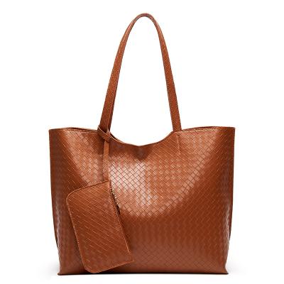 China Ladies Woven Leather Tote Bags Handbags Pattern Designers PU Tote Bag New Model Large Capacity Tote Bag With Mini Purse Pouch for sale