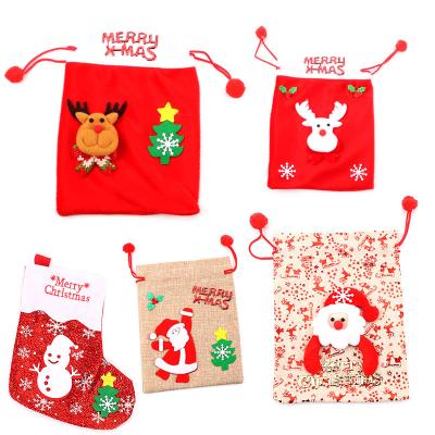 China 2021 Hot Selling Cute Christmas Tote Bag Christmas Decoration Burlap Drawstring Bag Cloth Fabric Cloth Gift Bag for sale