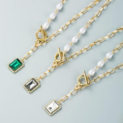 China Women Gold Toggle Jewelry Necklace Vintage Clasp Pearl Baroque Non-fading Square Gem Stone Necklace for sale