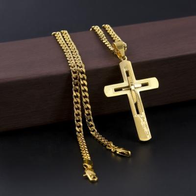 China Jesus Necklace Men Hip Hop Jewelry Gold Stainless Steel Non-fading Pendant Cross Necklace for sale