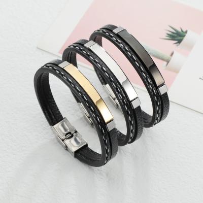 China Retro Matching PU Woven Leather Bracelet Bangle Nickel Free Polished Stainless Steel Plain Bangle for sale