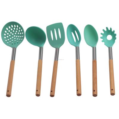 China Sustainable Silicon Kitchen Utensils For Cooking Utensil Set Silicon Cookware Kitchen Tool Kit With Wooden Handle for sale