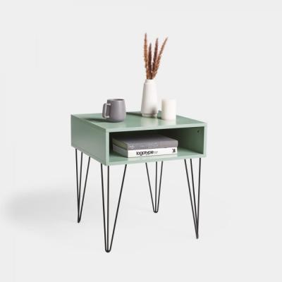 China Contemporary Bedroom Furniture Table 1-Drawer Wooden Nightstand Bedside Table Green and Gold Side Table with Hairpin Legs for sale