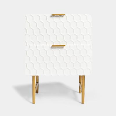 China Hot Sale White Ridged Honeycomb 2 Drawers Side Table Wood Tables With Storage Nightstand Side Tables Honeycomb Bedside Cabinet for sale