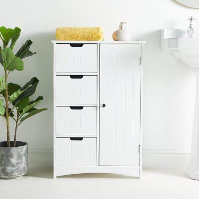 China Modern Bathroom 1 Door 4 Drawer Cabinet Storage Furniture White Waterproof Easy To Install Bathroom Side Corner MDF Cabinet for sale