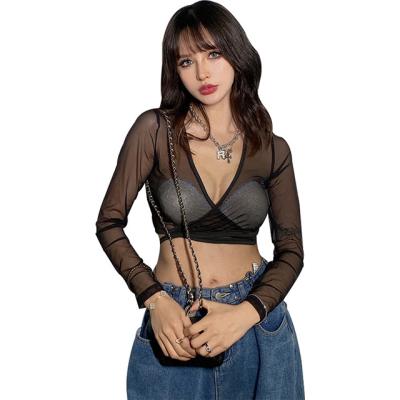 China Countoured Gauze Slim And Lace-Up Women's Sexy European And American Style Regular Hot Sale Long Sleeve T-shirt for sale