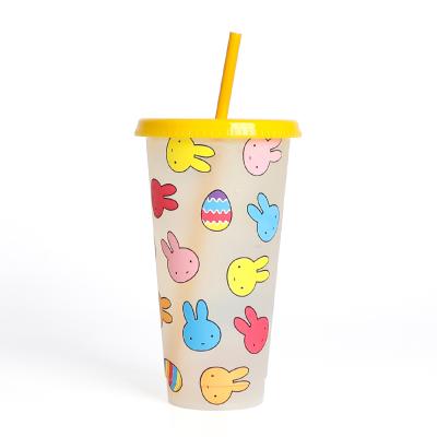 China Cartoon Amazon Success Easter Changing Cold Temperature PP Plastic Color With Straw Mug Cup for sale