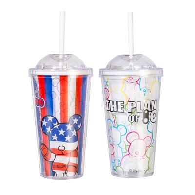 China Hot Selling Cartoon Summer Camouflage Plastic Double Layer With Straw And Lid Cup Mug for sale