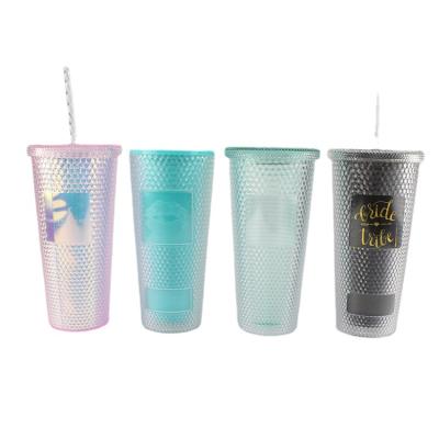 China Viable Hot Sale Amazon Durian Cup Diamond Pink Crystal Coffee Plastic Straw Travel Mug Luminous Coffee for sale