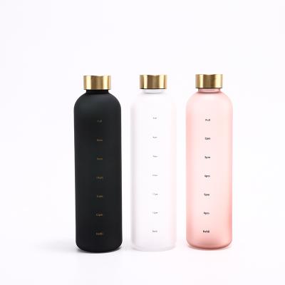 China 1000ml Country Outdoor Sports Large Capacity Plastic Transparent Frosted With Time Scale White Water Bottles for sale