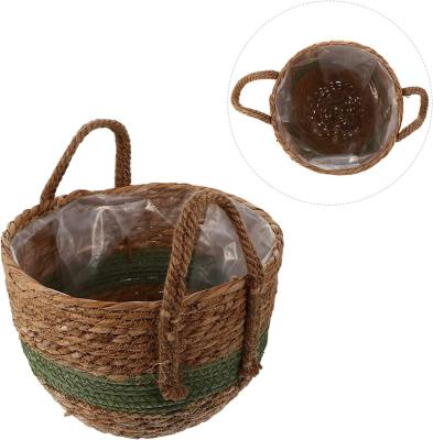 China Eco-Freindly Woven Plant Baskets with Handles Straw Planter Basket Storage Plant Woven by Indoor Home Decor Handmade Straw Woven Plant Basket for sale