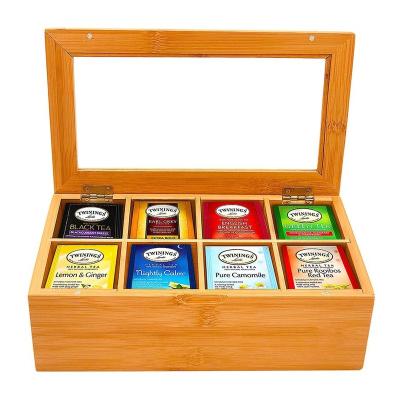 China Handmade Custom Tea Bag Storage Organizer Bamboo Pantry Box Tea Organizer with Clear Window Top for sale