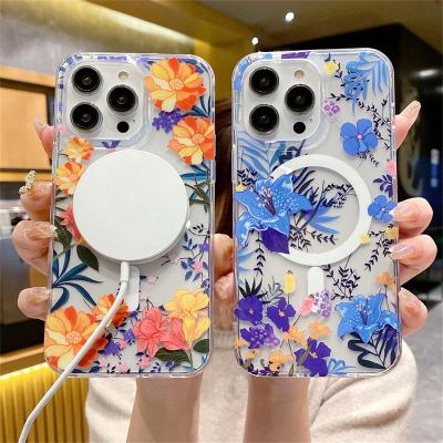 China Shockproof Luxury Floral Pattern Flower Painting Magnetic Clear Phone Case For iPhone 15 Pro 14 13 12 Max Wireless Charging Clear Cover for sale