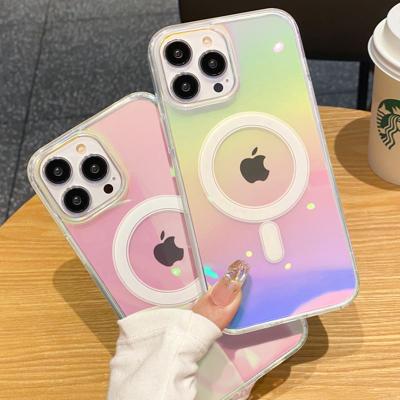 China Gradient Shockproof Transparent Rainbow Holographic Reflective Phone Case For iphone 11 pro Cove 12 13 14 15 Max Magnetic Wireless Charging for sale