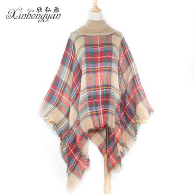 China High Quality Cozy Plaid Acrylic Winter Knitted Warm Poncho With Collar for sale