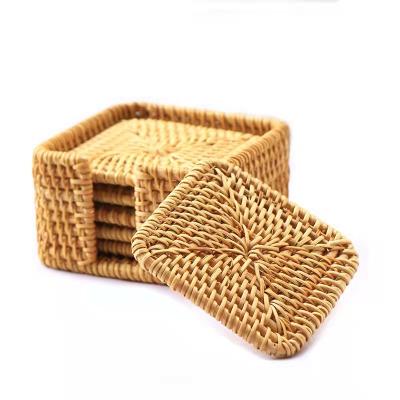 China Sustainable Decorative Placemats Woven Handmade Wicker Square Rattan Cup Holder 6 Pack Single Coasters Set for Coffee Tableware for sale