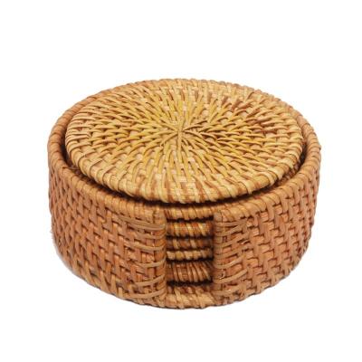 China Sustainable Custom Heat Resistant Rattan Placemat Natural Rattan Coasters with Holder Handmade Teacup Coasters Set of 6 for sale