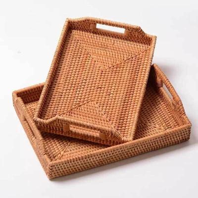 China Sustainable Hand-Woven Rattan Rectangular Serving Tray with Handles for Breakfast Drinks Snack for Coffee Table for sale