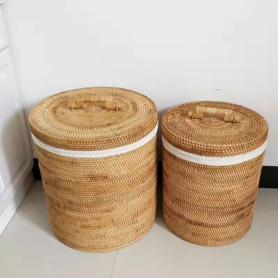 China Bathroom New arrival rattan woven large cylinder laundry basket household clothes storage basket with lid for sale