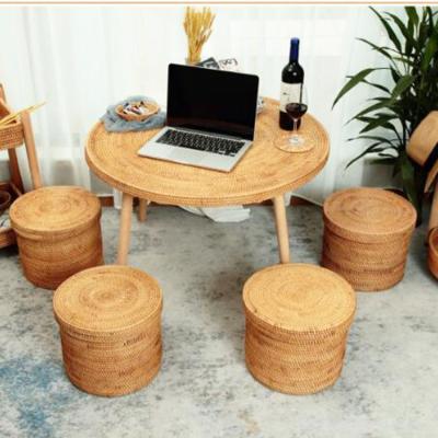 China European Handmade rattan rack round table small bar portable travel table detachable dining table and chair for sale