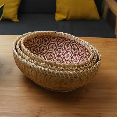 China Sustainable Shallow Basket for Organizing Kitchen Wicker Tray Boho Flat Set 3 Bamboo Woven Wall Baskets Decor for sale