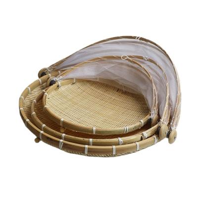 China Sustainable New storage basket round natural bamboo tent basket with cover for vegetables fruits bread for sale