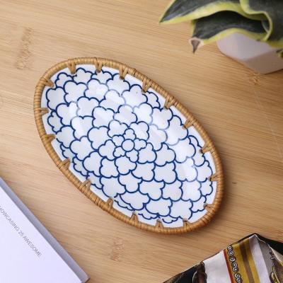 China Sustainable Rattan Porcelain Combination Woven Storage Dried Fruit Dining Table Cake Pastry Tray for sale