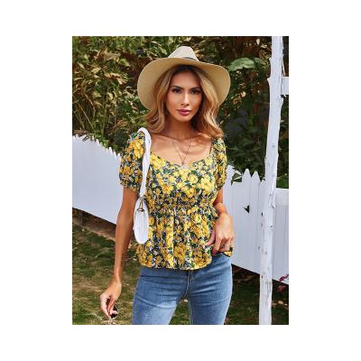 China Anti-pilling Peplum Blouse Women Floral Print Puff Sleeve Floral Ruched Blouse for sale