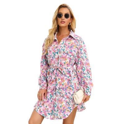 China 2022 New Design Spring Elegant Long Sleeve Shirtdress Violet Belted Refusal Anti-static Floral Shirt Dress for sale