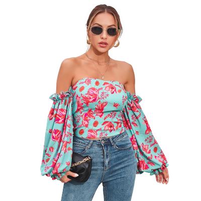 China Anti-pilling off the shoulder Flare Women's Floral Print Women's Blouse Fashionable Long Sleeve Ladies Blouse Western Blouse for sale