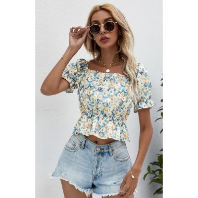 China 2022 New Summer Elegant Crop Top Floral Anti-Shrink Puff Sleeve Ladies Tops Cotton Blouses For Women for sale