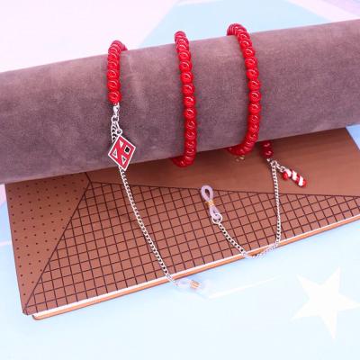 China Environmentally Friendly Red 6MM Greek Glasses Lanyard Chains Glass Beads Letter Fraternity Label Charm Face Monocle for sale