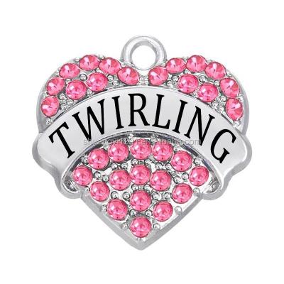 China Eco Friendly Environmentally Friendly Metal Silver Plated Crystal Rhinestone Cheerleader Charm Twirl Pendant Texts Hearts Cheer for sale