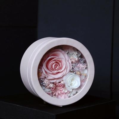 China New design long life flowers round leather box preserved rose gift for lover  rose gift for sale