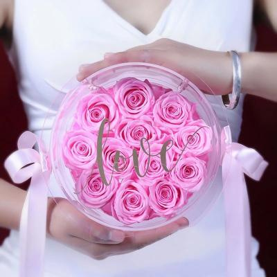 China Preserved Rose Flower Eternal Rose in Transparent Round Acrylic Box for Love Valentine's Day Girls Birthday Long Lasting for sale