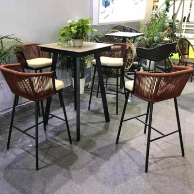 China Modern Outdoor Restaurant Metal Rope Manufacturer Bar Stool Weaving Chair and Table for sale