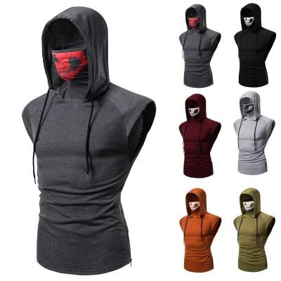 China Custom Print Hooded Slim Sleeveless Face Masked T-shirt Anti-Wrinkle Drawstring Cotton Polyester Spandex Solid Color GYM Fit Men's T-Shirt for sale