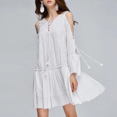 China Breathable 2020 New Arrivals Fashion Women Embroidery Rocket Sleeve Drawstring Mini Dress for sale