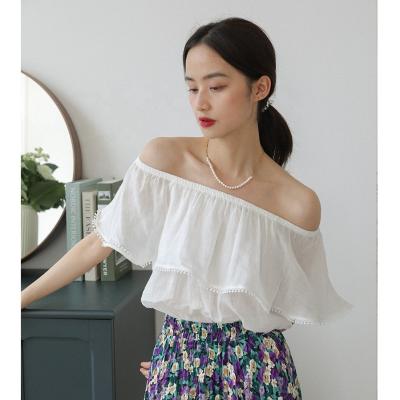 China Breathable Women Off The Shoulder Ruffle Collar Elastic Blouse Top With Lace Crochet for sale