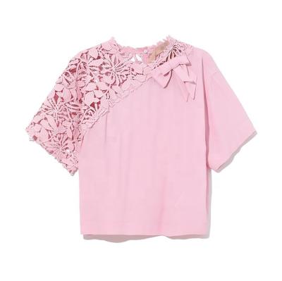 China Fashion Design Breathable Women Lace Up Crochet Sleeve Blouse Chiffon Top With Bow for sale