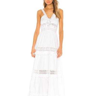 China Holiday Party Beach Dress Woman Crochet Lace Trim Spaghetti Strap Breathable V-Neck Maxi Dress for sale