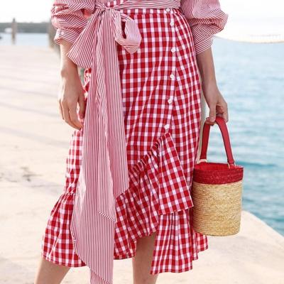 China Plus Size Women Checker Plaid Bud Midi Skirt With Irregular Ruffle Edge for sale