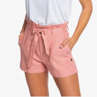 China Breathable Women Resort Casual Canvas Paper Bag Shorts High Ruffle Waist With Cloth Belt for sale