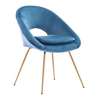 China Modern Leisure Chair Blue Velvet Fabric Living Room Dining Leisure Chair With Gold Metal Legs for sale